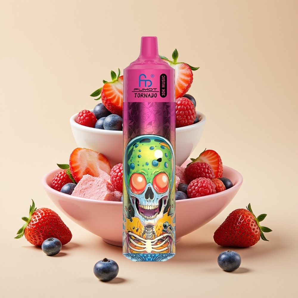 Fumot RandM Tornado 30000 Puffs – 30mL, 2%/5% Nikotin, 1.0 Ohm Mrežni Kalem, 600mAh Baterija, LED Ekran, Aroma Borovnica Jagoda Malina Sladoled