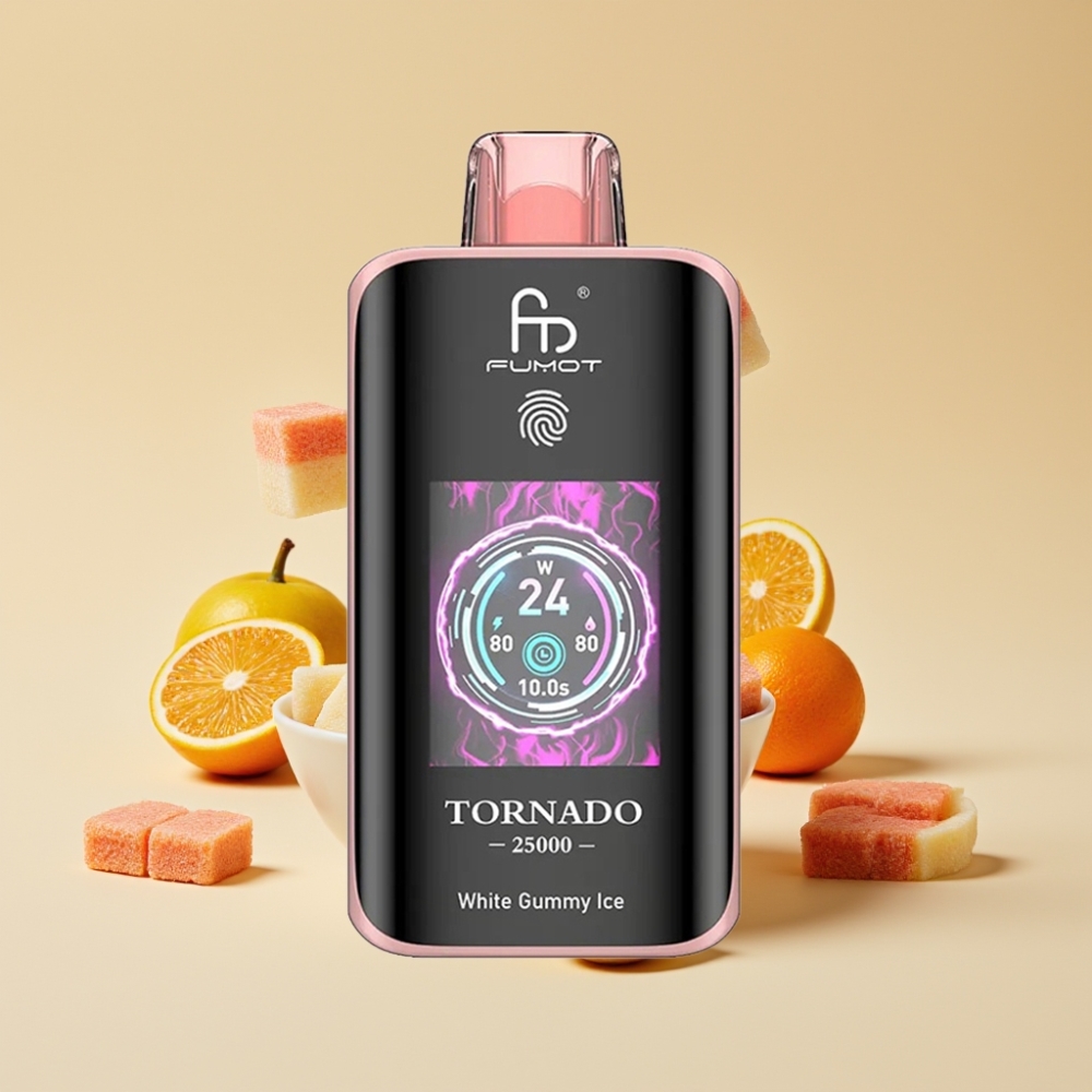 Fumot Tornado 25000 Puffs Jednokratni Vape HD Screen 700mAh Beli Gumeni Led