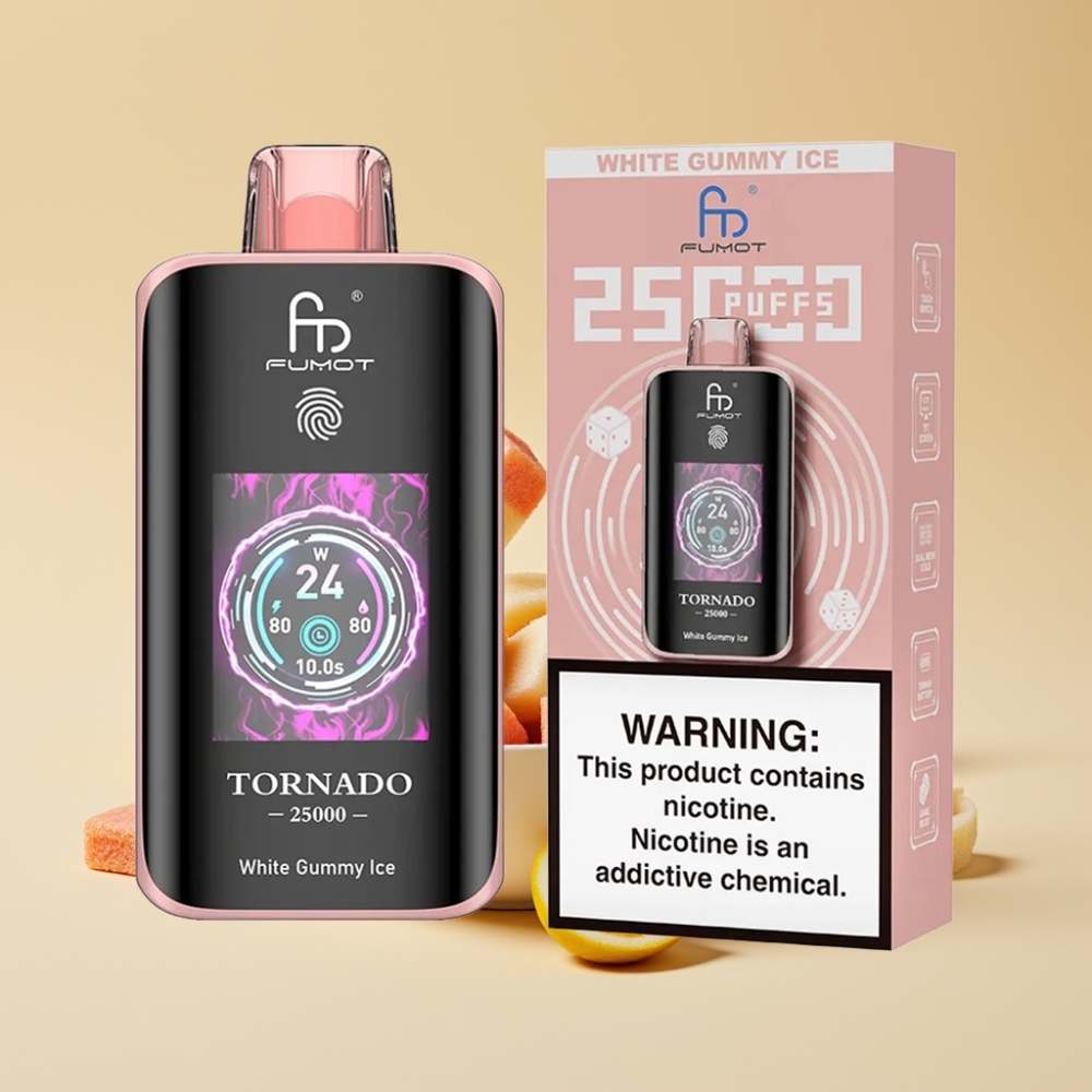 Fumot Tornado 25000 Puffs Jednokratni Vape HD Screen 700mAh Beli Gumeni Led