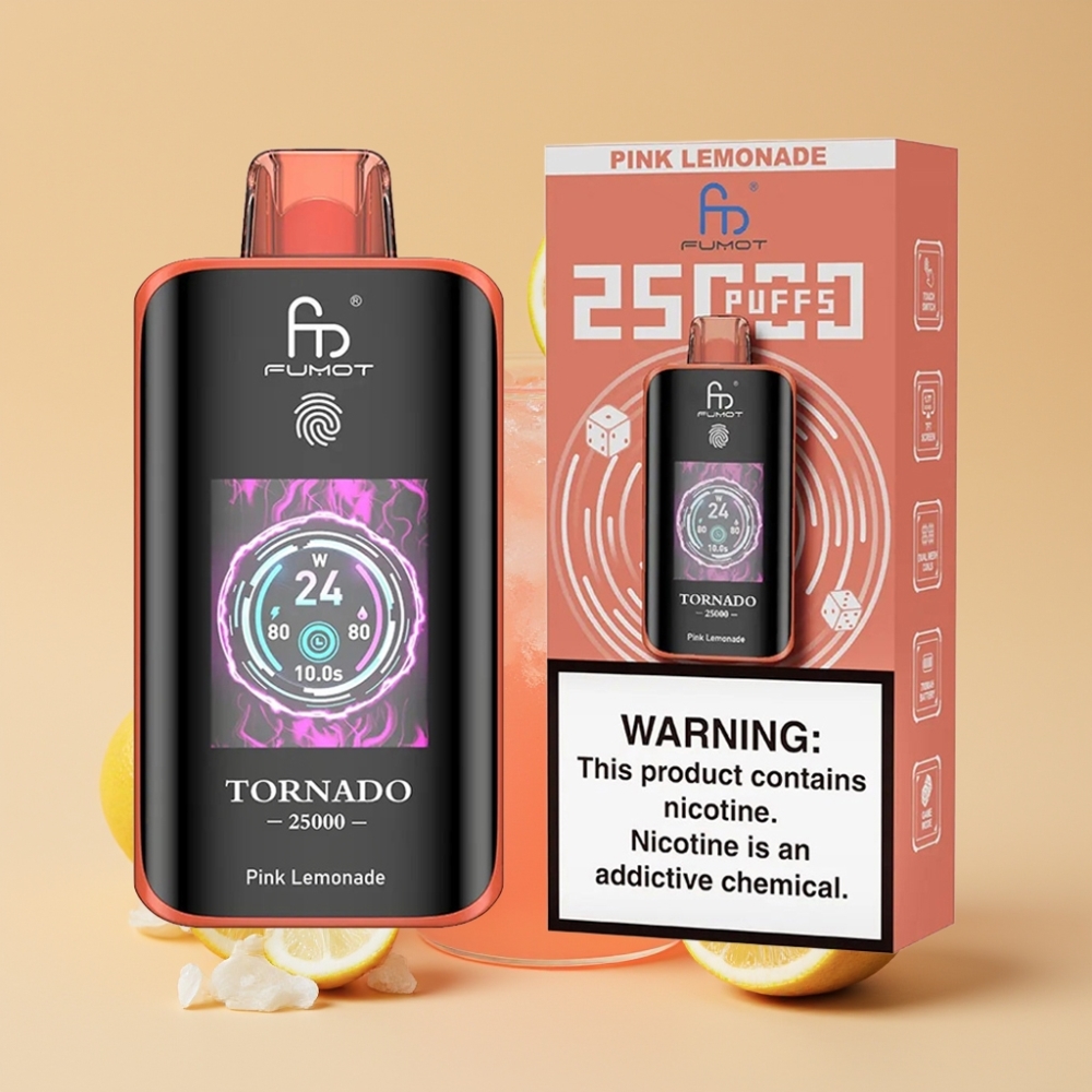 Fumot Tornado 25000 Puffs Jednokratni Vape Roze Limunada sa HD Ekranom, 700mAh Baterijom, Type-C Punjenje