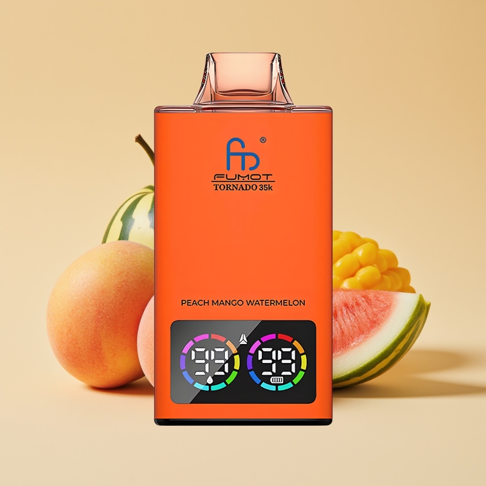 Fumot Tornado 35K Jednokratni Vape - Breskva Mango Lubenica, Dual Mesh Coil, 35000 Puffs, 15ml E-juice, 700MAH, USB-C