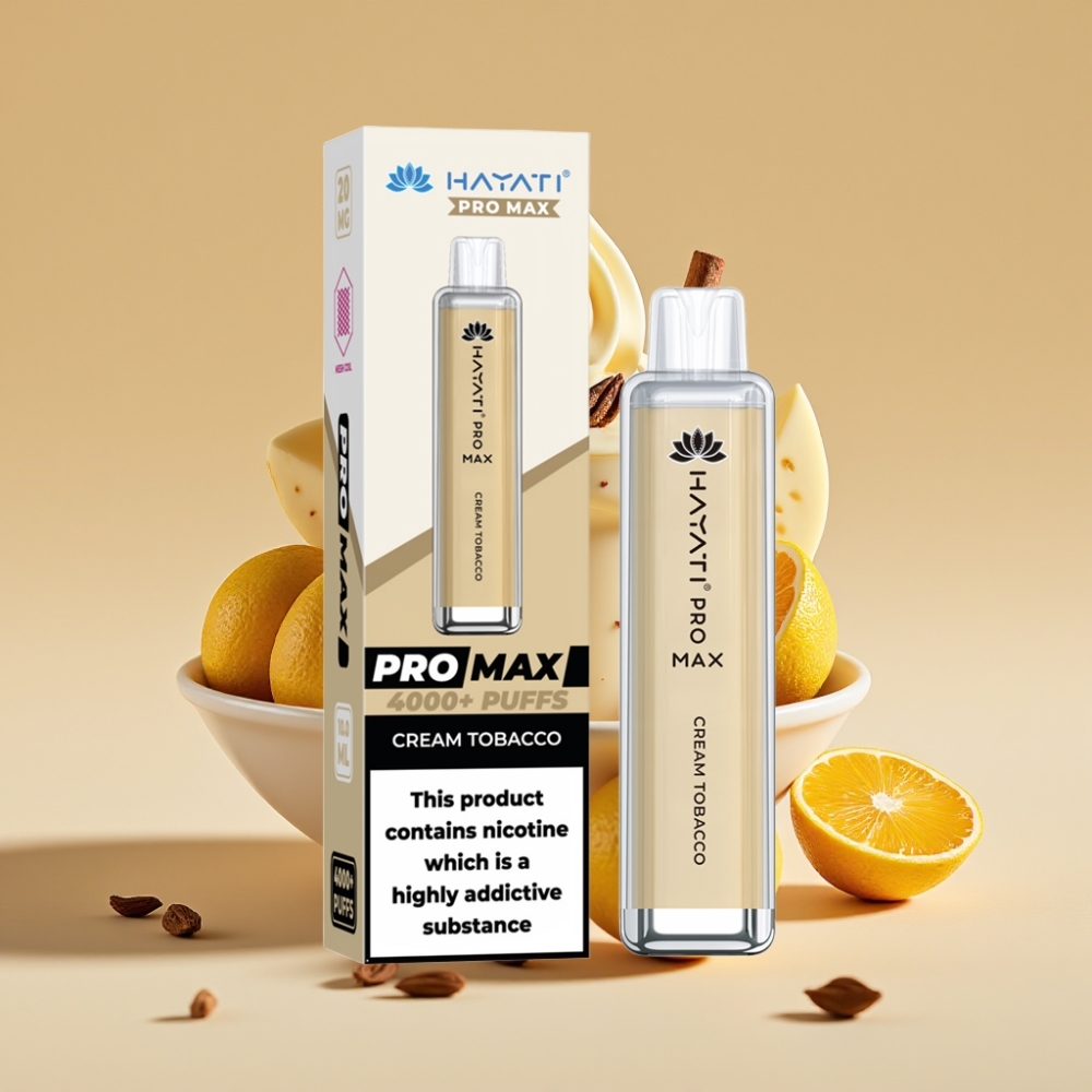 Hayati Pro Max 4000 Pufova Jednokratni Vape Krem Duvanski Aromat sa 5% Nikotina, 1400mAh Baterija, Dual 1.1 Ohm Mesh Coil