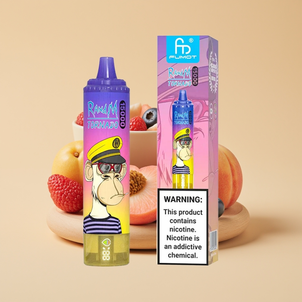 RandM Fumot Tornado 15000 Puffs Jednokratni Vape Brestika Jagoda Bombonica sa LCD ekranom, Mesh Coil, 25ml, Type-C punjenje