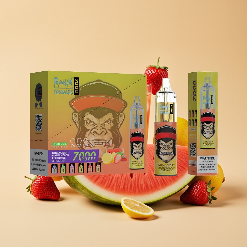 RandM Fumot Tornado 7000 Puffs Jednokratni Vape 14ML 850MAH Mesh Coil Type-C RGB Air-Adjustable Jagoda Lubenica Limunada