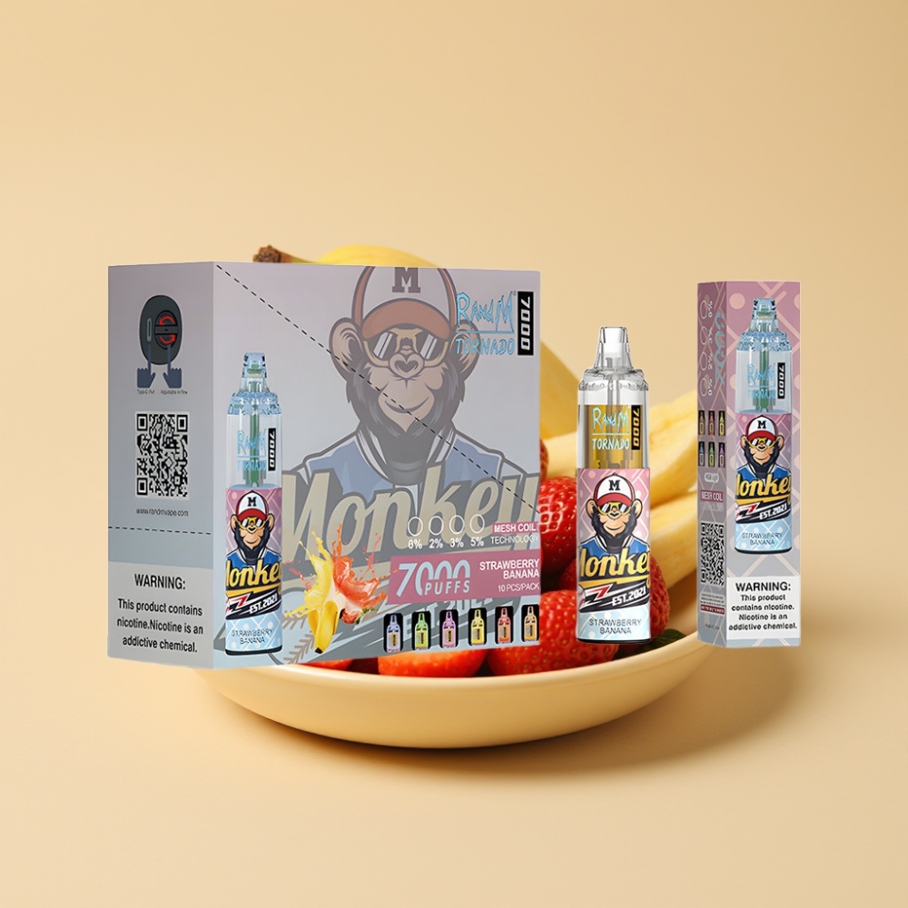 RandM Fumot Tornado 7000 Puffs Jednokratni Vape Jagoda Banana, 14ML, Mesh Coil, Type-C, RGB, 0-5% Nic, Air-Adjustable