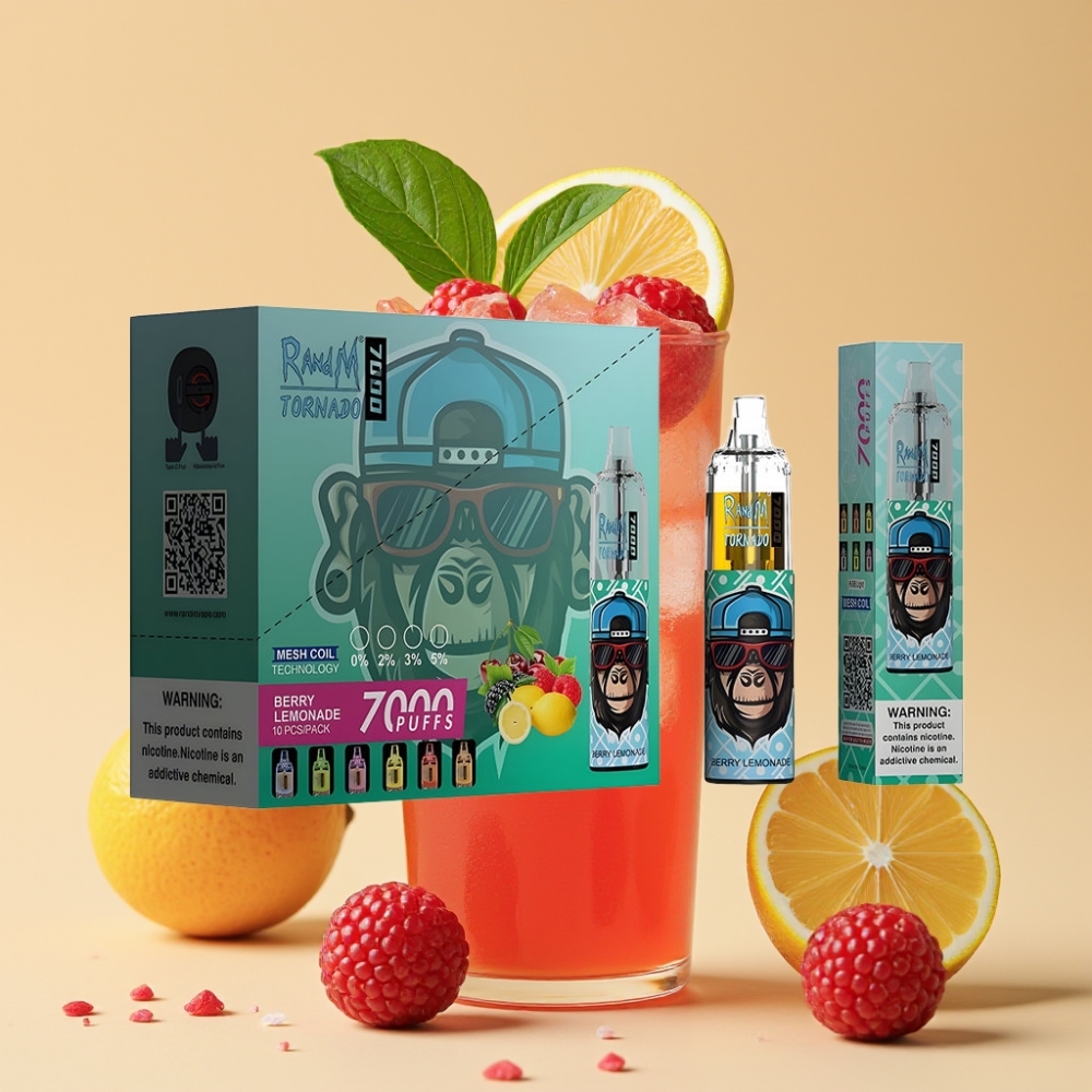 RandM Fumot Tornado 7000 Puffs Jednokratni Vape - Jagoda Limunada, 14ML, Mesh Coil, Type-C, RGB