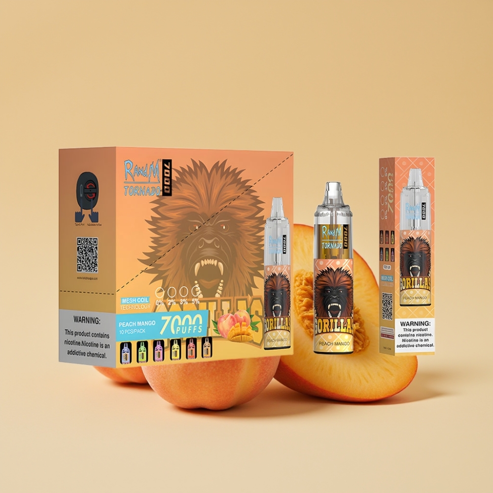 RandM Fumot Tornado 7000 Puffs Jednokratni Vape Peach Mango – 14ML E-Liquid, Mesh Coil, Type-C, RGB Light