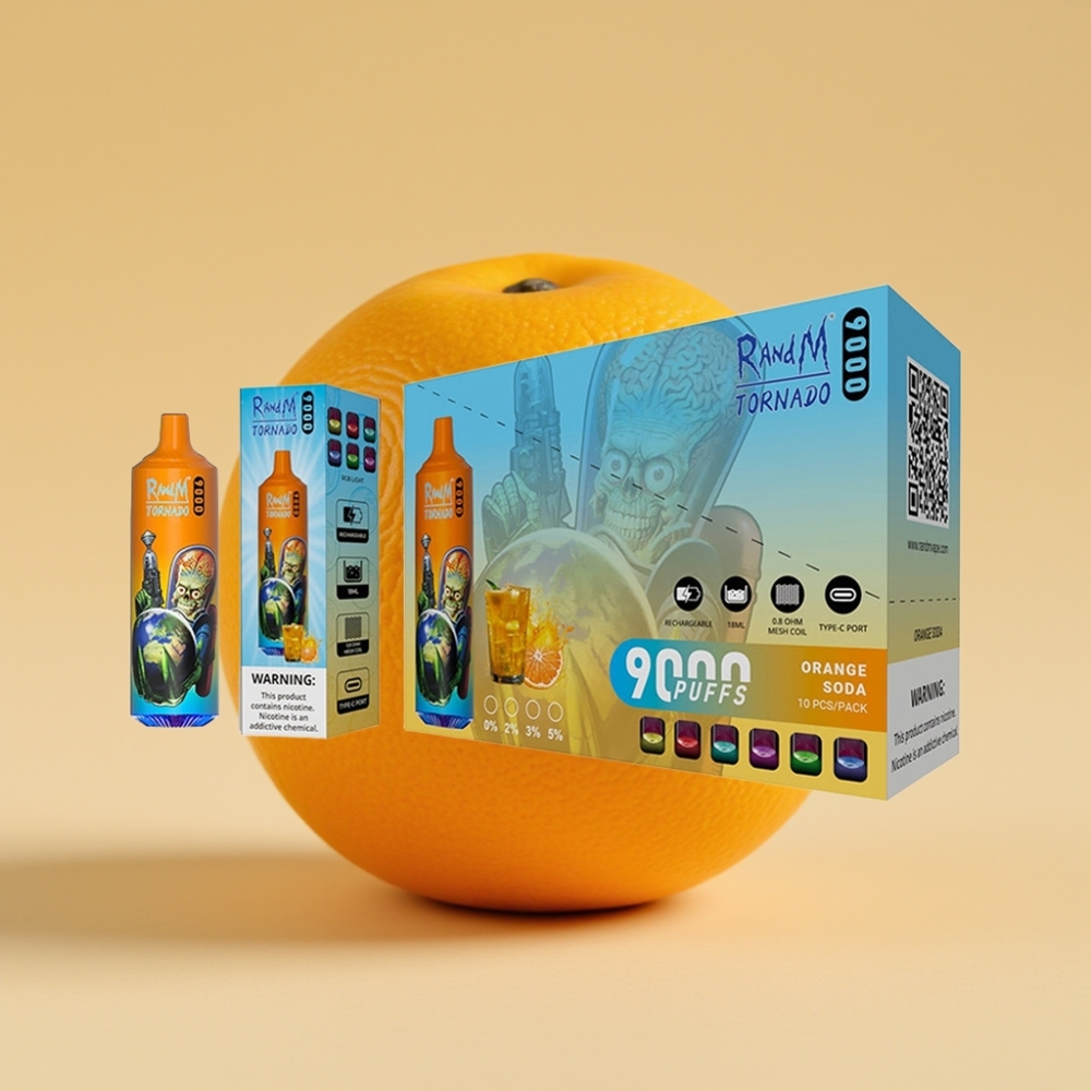 RandM Fumot Tornado 9000 Puffs 18 mL Mesh Coil RGB Display Narandžasta Soda Jednokratni Vape