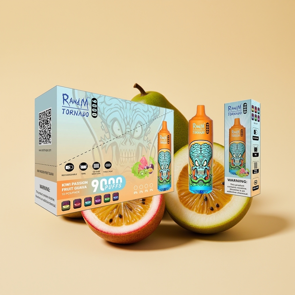 RandM Tornado 9000 Puffs 18mL Rechargeable Mesh Coil RGB Display Kiwi Passion Fruit Guava