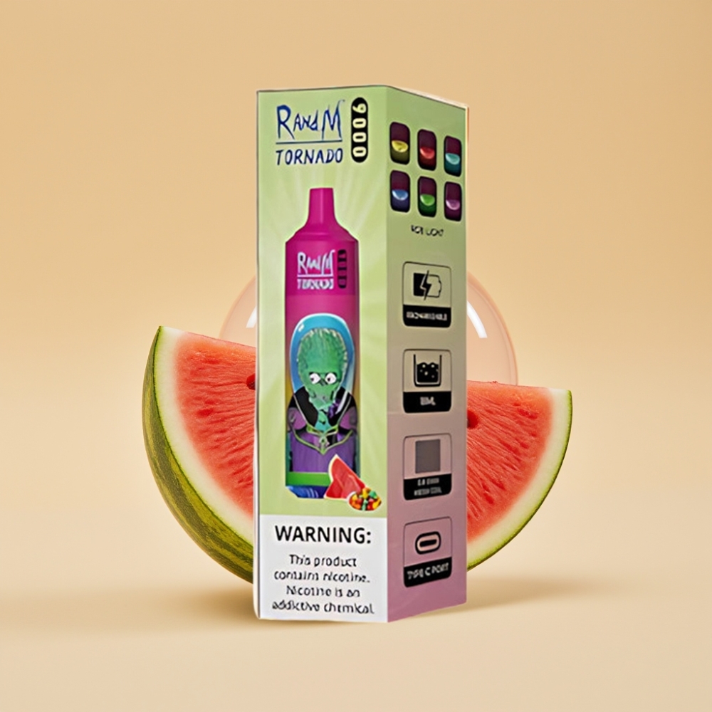 RandM Tornado 9000 Puffs Jednokratni Vape 18mL 850mAh Mesh Coil RGB Display Lubenica Bubam Guma