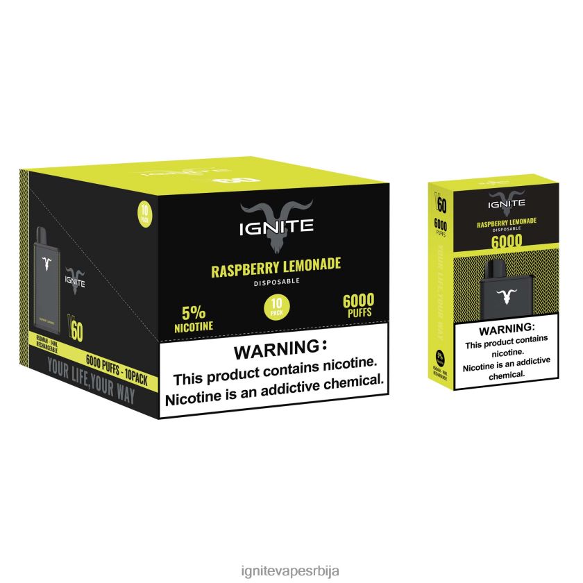 IGNITE V60 вапе оловка 10 ком лимунада од малине Ignite Puff Price L42H23